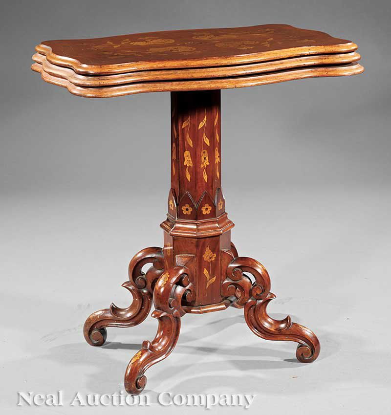 English Inlaid Mahogany Telescopic Desserte: An English Inlaid Mahogany Telescopic Desserte, c. 1835, three serpentine tiers, faceted stem, scrolled pierced legs, scroll toes, closed height 29 in., width 27 in., depth 17 1/2 in