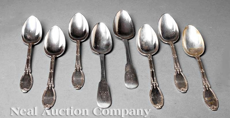 Two Irish William IV Sterling Silver Tablespoons: Two Irish William IV Sterling Silver Tablespoons, Dublin, 1833, maker S * N untraced, crested fiddle typt, length 9 in.; together with 6 Continental .800 silver tablespoons, length 8 1/2 in., combined
