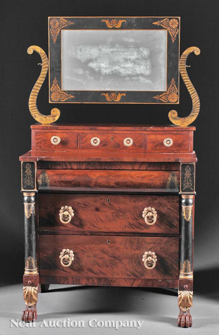 Mahogany and Gilt Painted Dressing Chest: An American Classical Mahogany and Gilt Painted Dressing Chest, c. 1825, New York, rectangular mirror with scroll supports above a superstructure of three small drawers; base with torus-molded frieze 