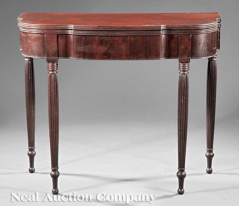 American Federal Figured Mahogany Games Table: A Good American Federal Figured Mahogany Games Table, early 19th c., Philadelphia, Haines-Connelly school, reeded foldover top above conforming skirt; ring-turned, reeded and tapered legs ending in bu