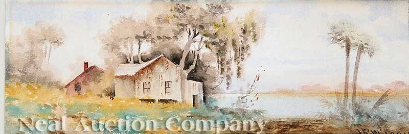 James Ralph Wilcox (American/Florida, 1866-1915): James Ralph Wilcox (American/Florida, 1866-1915), "Florida Cabin Scene", watercolor, signed lower right, 3 3/4 in. x 10 3/4 in., framed