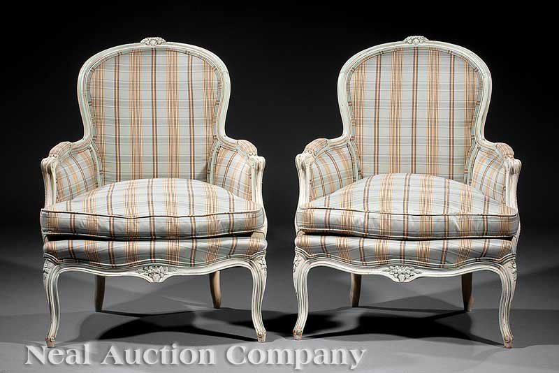 Pair of Louis XV-Style Gris Peinte Bergeres: A Pair of Antique Louis XV-Style Gris Peinte Bergeres, arched back, padded arms, cabriole legs