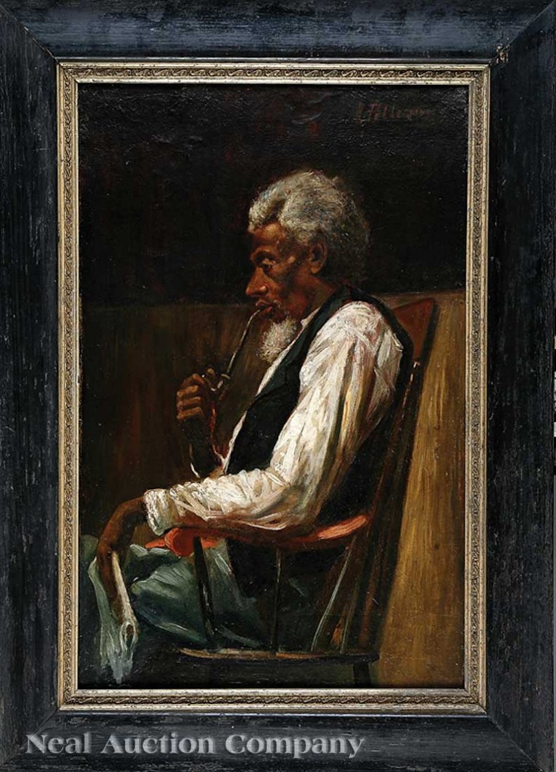 J. Pellegrino (Missouri/Charleston, late 19th): J. Pellegrino (Missouri/Charleston, late 19th/early 20th c.), "The Old Pipe and Rocking Chair", oil on canvas, signed upper right, 28 in. x 18 in., period frame