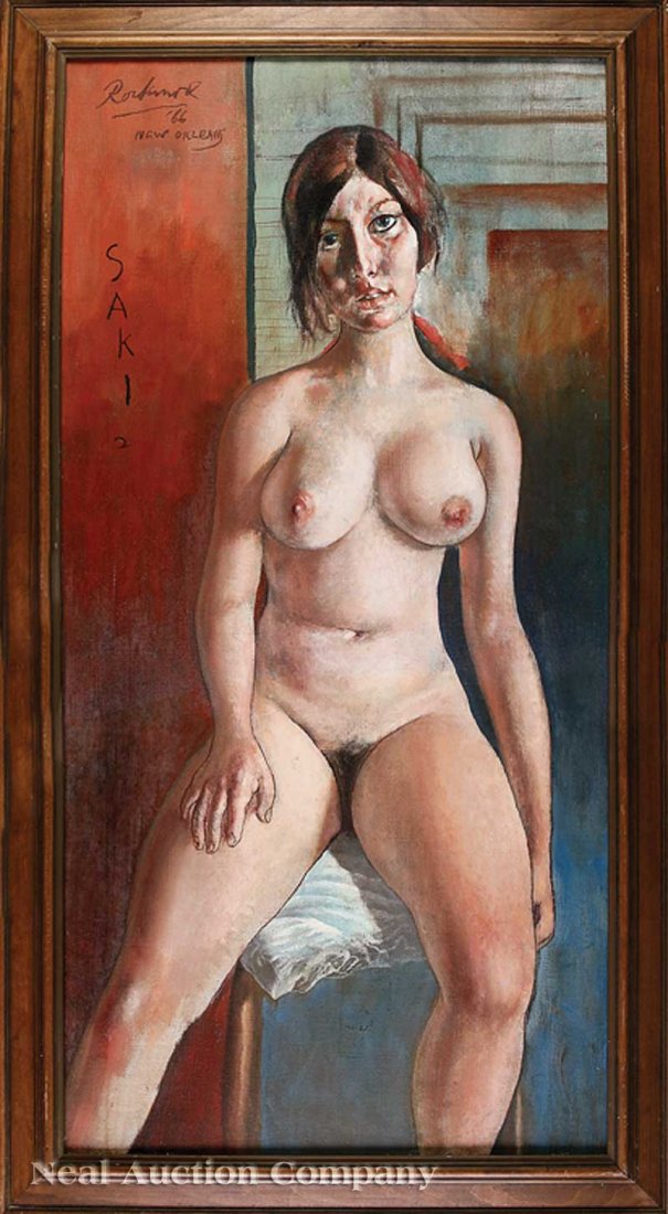 Noel Rockmore (American/New Orleans, 1928-1995): Noel Rockmore (American/New Orleans, 1928-1995), "Saki", 1966, oil on canvas, signed, dated and inscribed "New Orleans" upper left, titled upper mid-left, 48 1/4 in. x 24 in., framed Reference: For mo