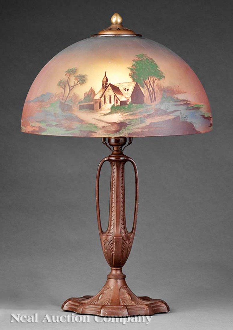 PLB & G Co Patinated Metal Paint Decorated Lamp: An Antique American Patinated Metal Transfer and Paint Decorated Lamp, c. 1900, marked "PLB & G Co." and model # 2049 (Pittsburgh Lamp Brass & Glass Company), with landscape decorated shade, height 21
