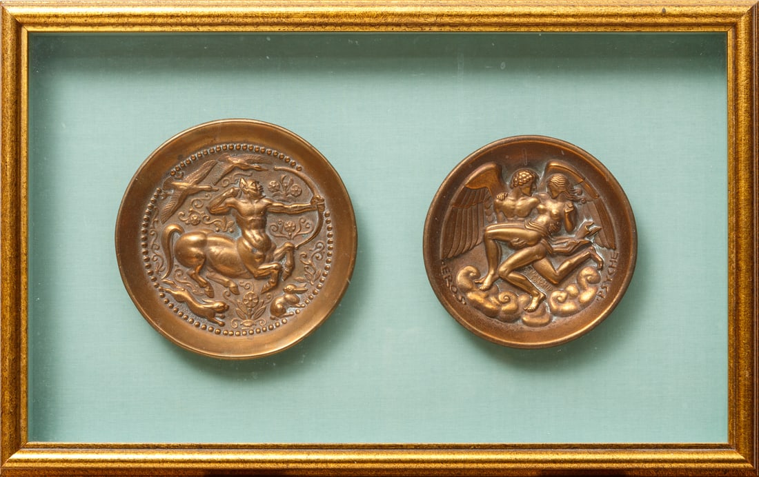 Paul Howard Manship (American, 1885-1966): Paul Howard Manship (American, 1885-1966), "Centaur" 1919 and "Eros and Psyche", 1937, 2 bronze plaques, each signed and dated lower center, dia. 5 in. and 5 3/4 in., framed together, overall 11 1/2 i