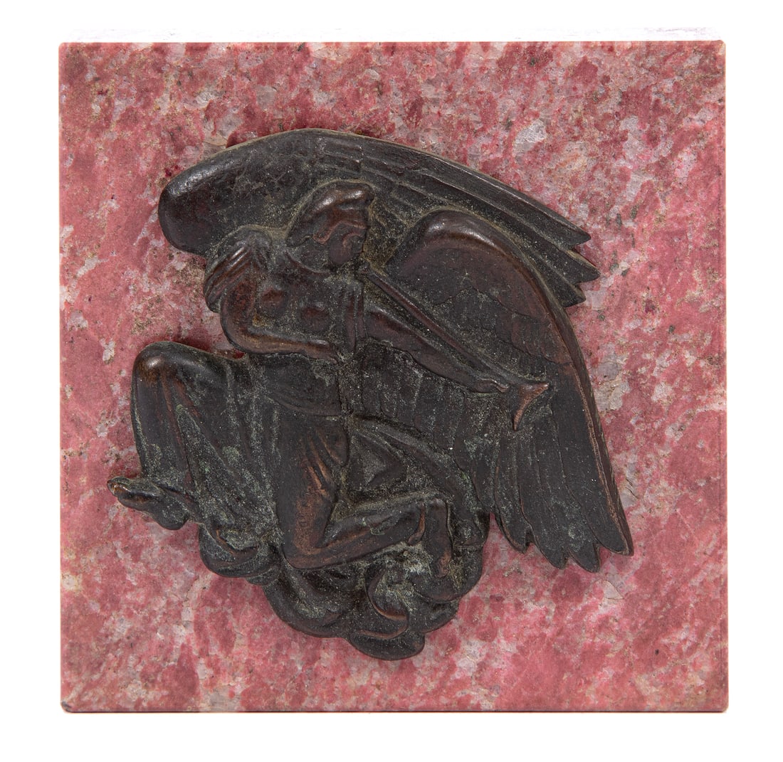 Paul Howard Manship (American, 1885-1966): Paul Howard Manship (American, 1885-1966), "Archangel", cast bronze, signed on side of wing, h. 2 1/2 in., w. 3 in., d. 1/4 in., mounted on marble plaque, overall h. 3 1/2 in., w. 3 1/2 in., d. 1 in.