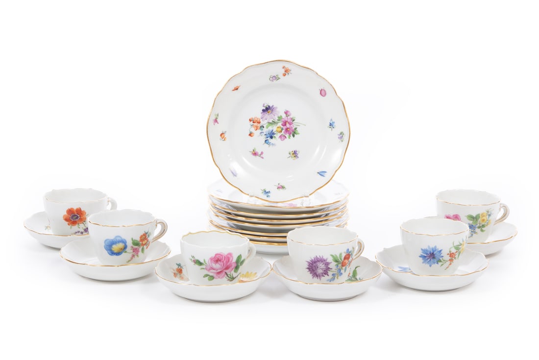 Meissen Floral Porcelain Cups and Saucers: Six Meissen Polychrome and Gilt Floral Porcelain Cups and Saucers, blue crossed swords mark, various inscribed/impressed numbers, gilt rims, dia. 4 1/4 in.; together with 8 Meissen polychrome and gilt