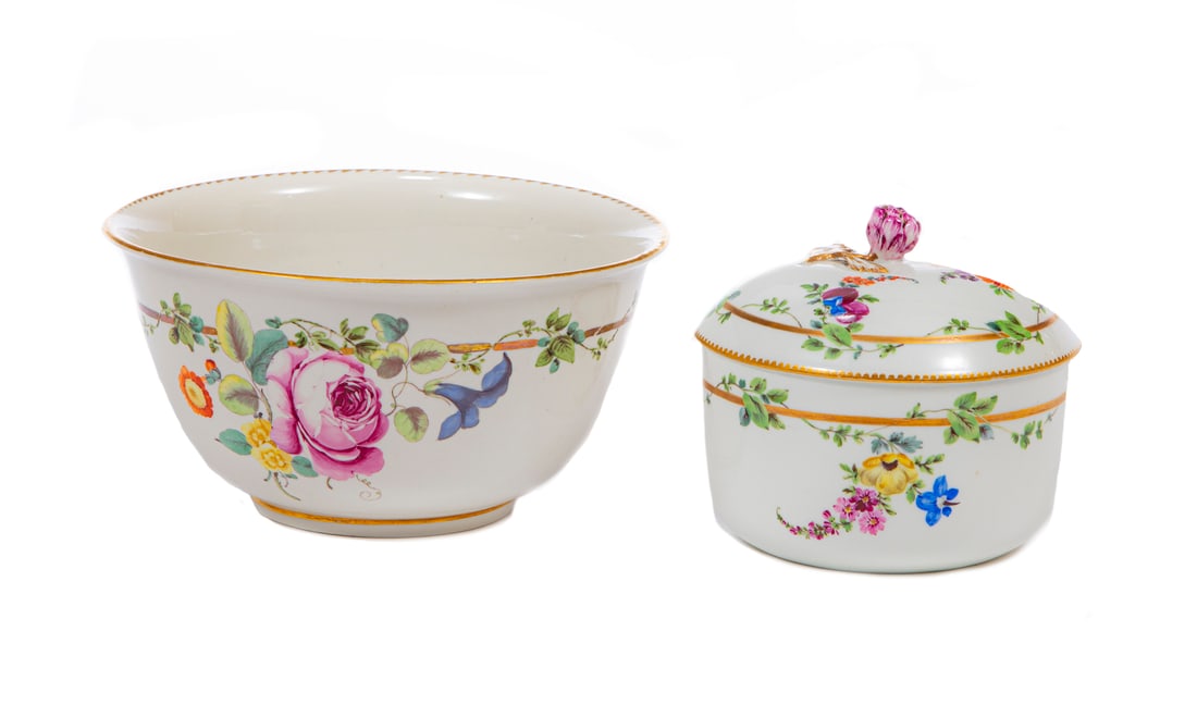 Meissen Floral Porcelain Covered Sugar Bowl/Basin: Meissen Polychrome and Gilt Floral Porcelain Covered Sugar Bowl and Basin, blue crossed swords marks, covered sugar h. 4 1/4 in., dia. 4 1/2 in.; basin dia. 6 5/8 in. (2 pcs.)