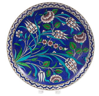 Theodore Deck (1823-1891) Paris Faience Plate: Theodore Deck (1823-1891) Paris Faience Plate, c. 1859-1891, marked on reverse, dia. 11 7/8 in., foot rim drilled for hanging.