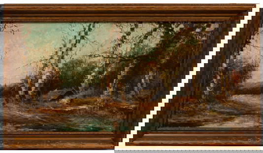 William Keith (Scottish/American, 1838-1911): William Keith (Scottish/American, 1838-1911), "Wooded Landscape", oil on canvas laid on board, signed and inscribed lower right, 11 3/4 in. x 23 3/4 in., framed, overall 15 5/8 in. x 27 1/2 in. x 1 1/