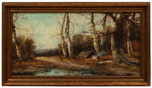 William Keith (Scottish/American, 1838-1911): William Keith (Scottish/American, 1838-1911), "Wooded Landscape", oil on canvas laid on board, signed and inscribed lower right, 11 3/4 in. x 23 3/4 in., framed, overall 15 5/8 in. x 27 1/2 in. x 1 1/