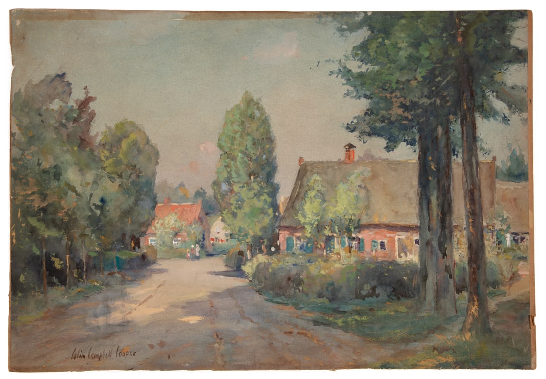 Colin Campbell Cooper (American, 1856-1937): Colin Campbell Cooper (American, 1856-1937), "Street in Laren, Holland by Hilversum", watercolor and gouache on paper mounted to board, signed lower left, titled on reverse of mount, 15 in. x 22 in.,