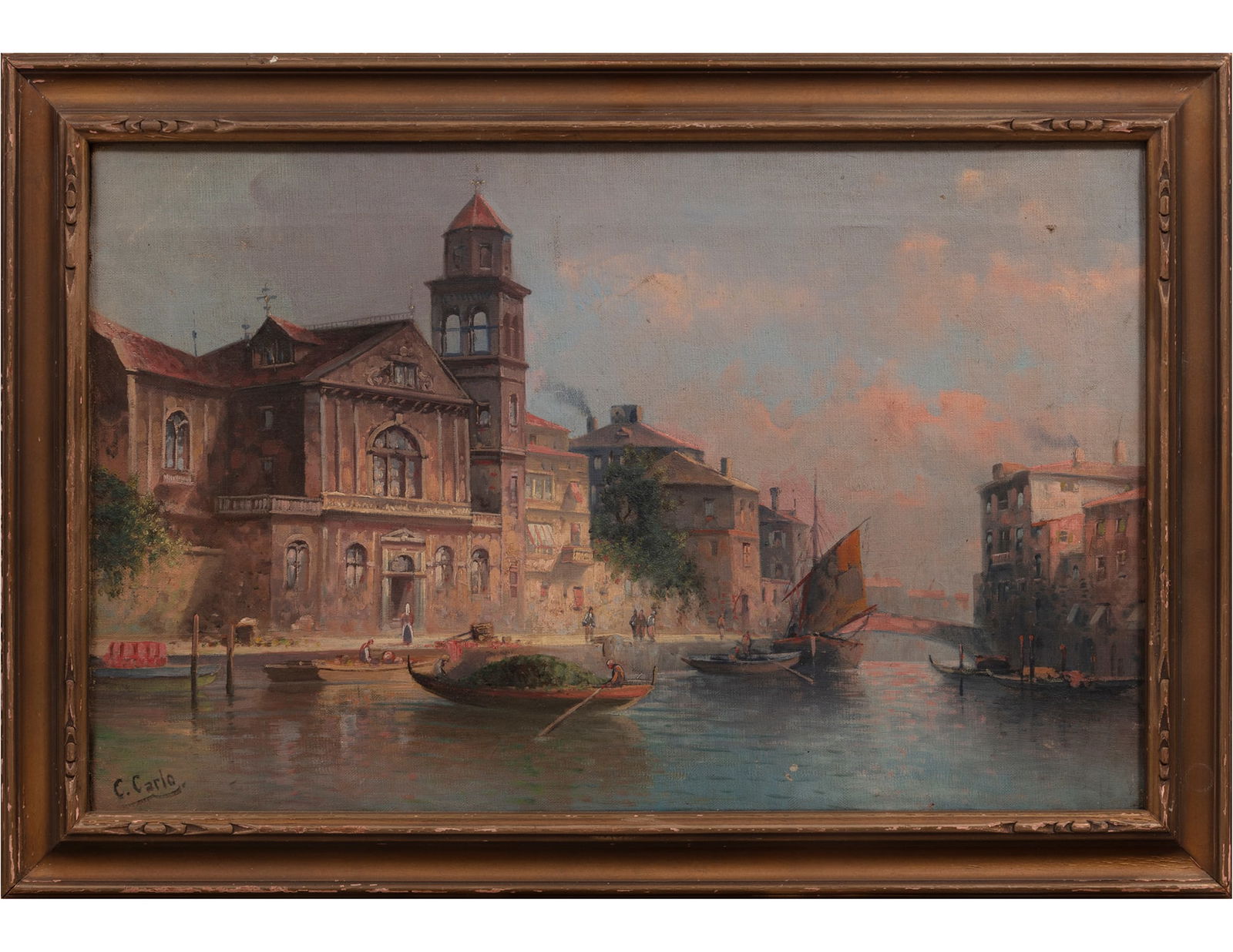 Karl Kaufmann (Austrian, 1843-1902): Karl Kaufmann (Austrian, 1843-1902), "View of Venice", oil on canvas, signed "C. Carlo" lower left, titled on stretcher, 14 3/4 in. x 23 in., framed, overall 18 1/4 in. x 26 5/8 in. x 1 1/4 in.