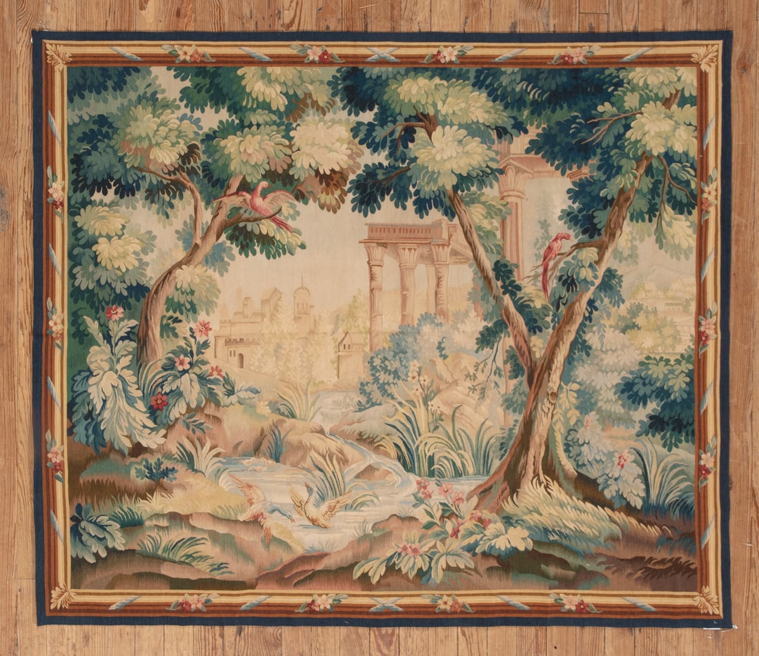 Aubusson Tapestry: Aubusson Tapestry, nature scene with cream and blue borders, 6 ft. 6 in. x 5 ft. 7 in.