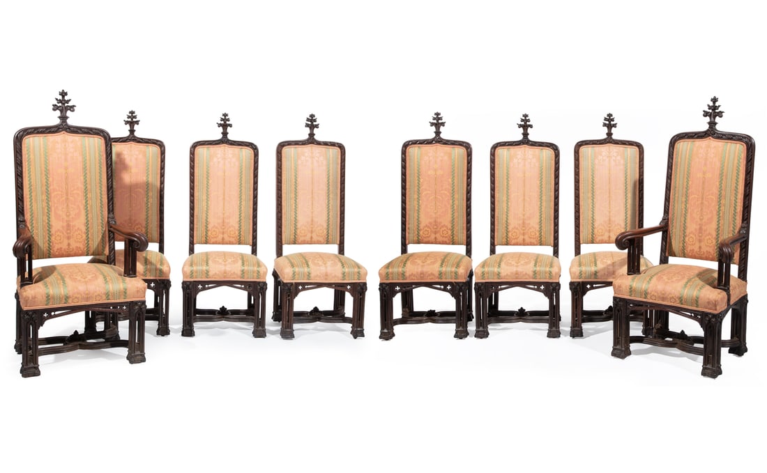 Eight American Carved White Oak Dining Chairs (1 of 7)