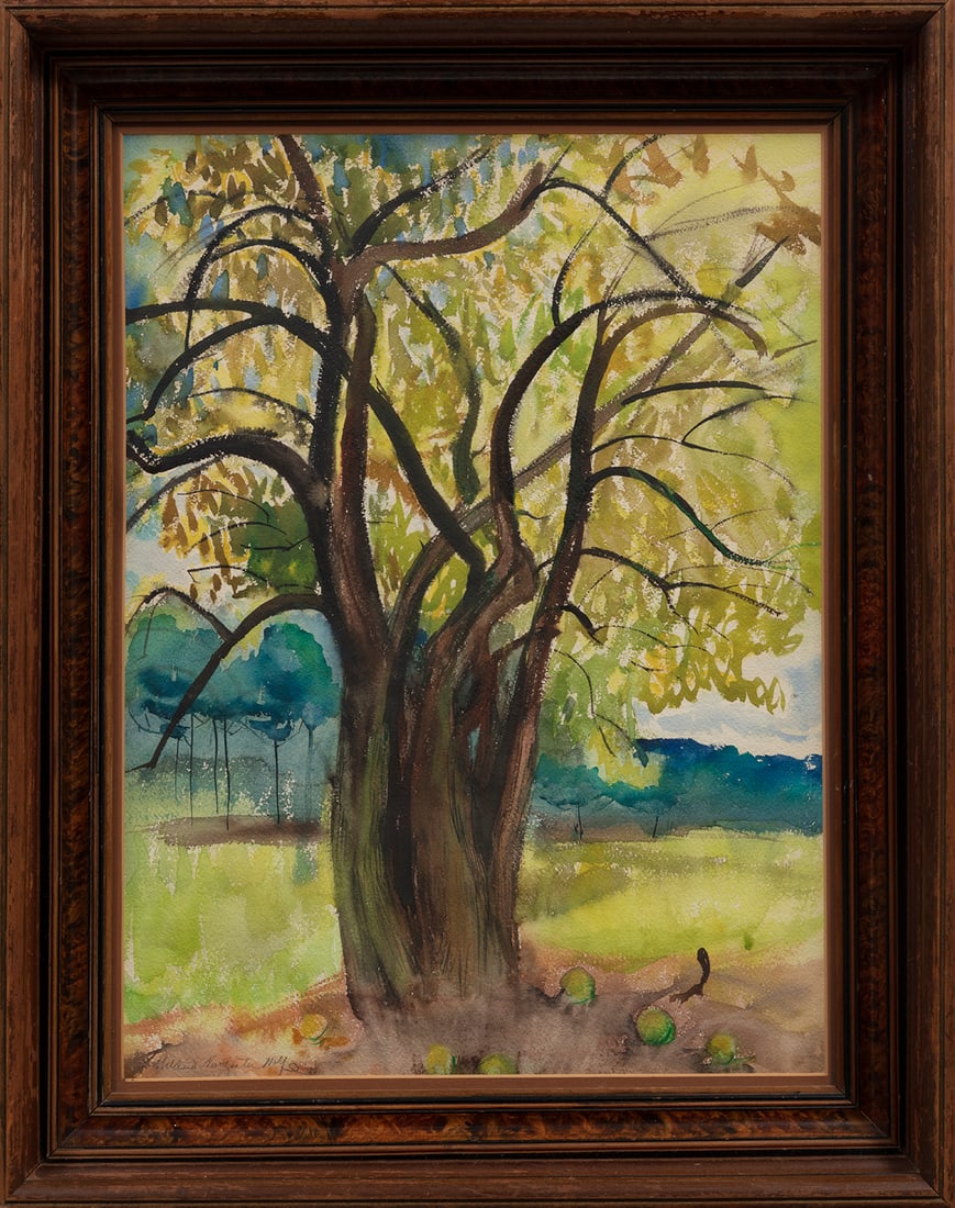 Mildred Nungester Wolfe (American/Mississippi): Mildred Nungester Wolfe (American/Mississippi, 1912-2009), "Tree with Squirrel", watercolor on paper, pencil-signed lower left, 24 in. x 18 in., framed, overall 28 3/4 in. x 22 3/4 in. x 3 in.
