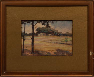 Ellsworth Woodward (American/Louisiana): Ellsworth Woodward (American/Louisiana, 1861-1939), "Rural Landscape", watercolor on board, initialed lower left, inscribed en verso, 7 5/8 in. x 10 3/4 in., framed, overall 14 1/2 in. x 17 5/8 in. x