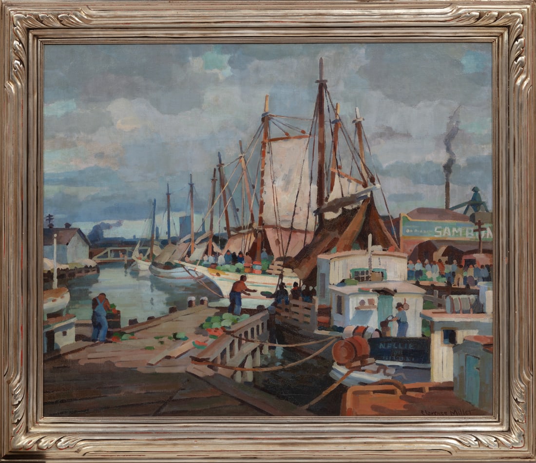 Clarence Millet (American/Louisiana, 1897-1959): Clarence Millet (American/Louisiana, 1897-1959), "The Basin", 1936, oil on canvas, signed lower right, signed, titled and dated en verso, 25 in. x 30 in., Newcomb-Macklin frame, overall 30 1/2 in. x 3