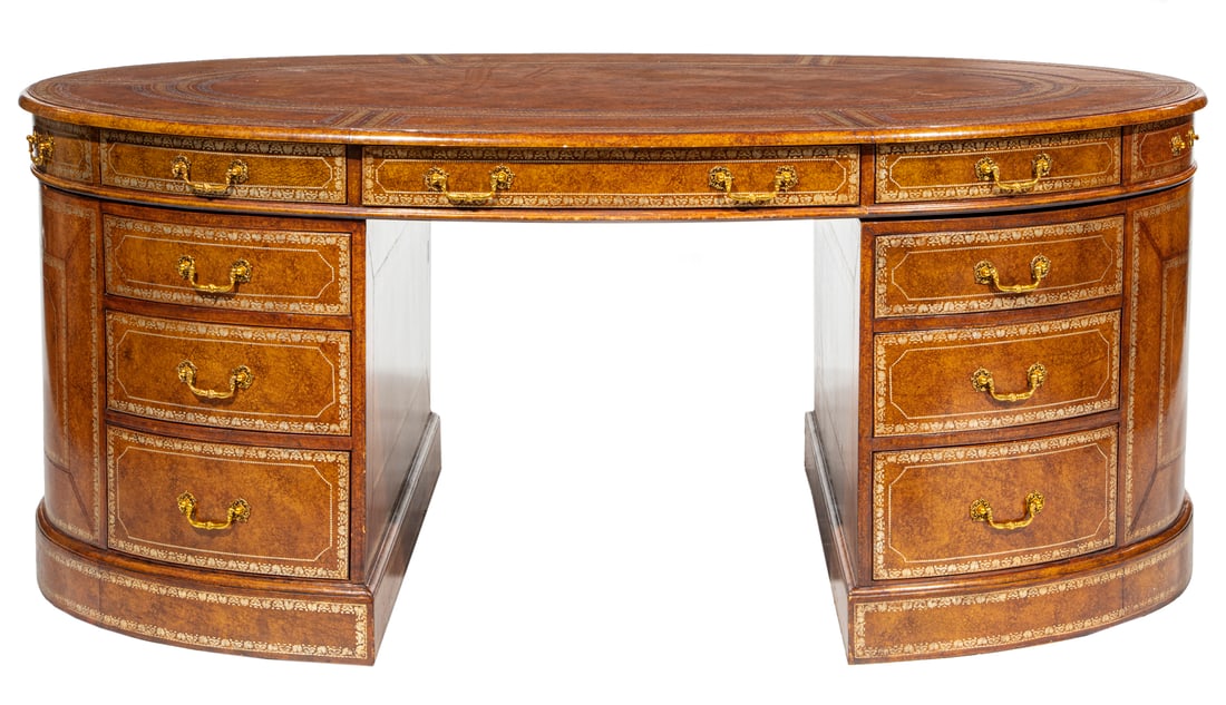 Regency-Style Tooled Leather Oval Partners Desk (1 of 4)