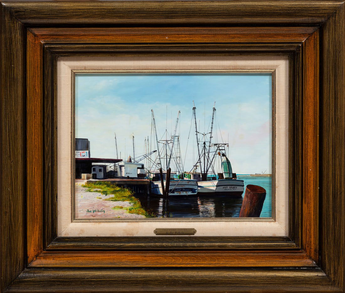 Joseph Wilhelm (American/Louisiana, 1923-2003): Joseph Wilhelm (American/Louisiana, 1923-2003), "Unloading Shrimp", oil on masonite, signed lower left, 9 in. x 12 in., framed with artist plaque, overall 17 3/8 in. x 20 3/8 in. x 1 5/8 in.