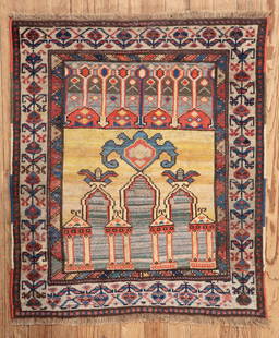 Kurdish Prayer Rug: Kurdish Prayer Rug , West Persia, early 20th c., 3 ft. x 3 ft. 8 in., re-piled areas, re-wrapped selvedges