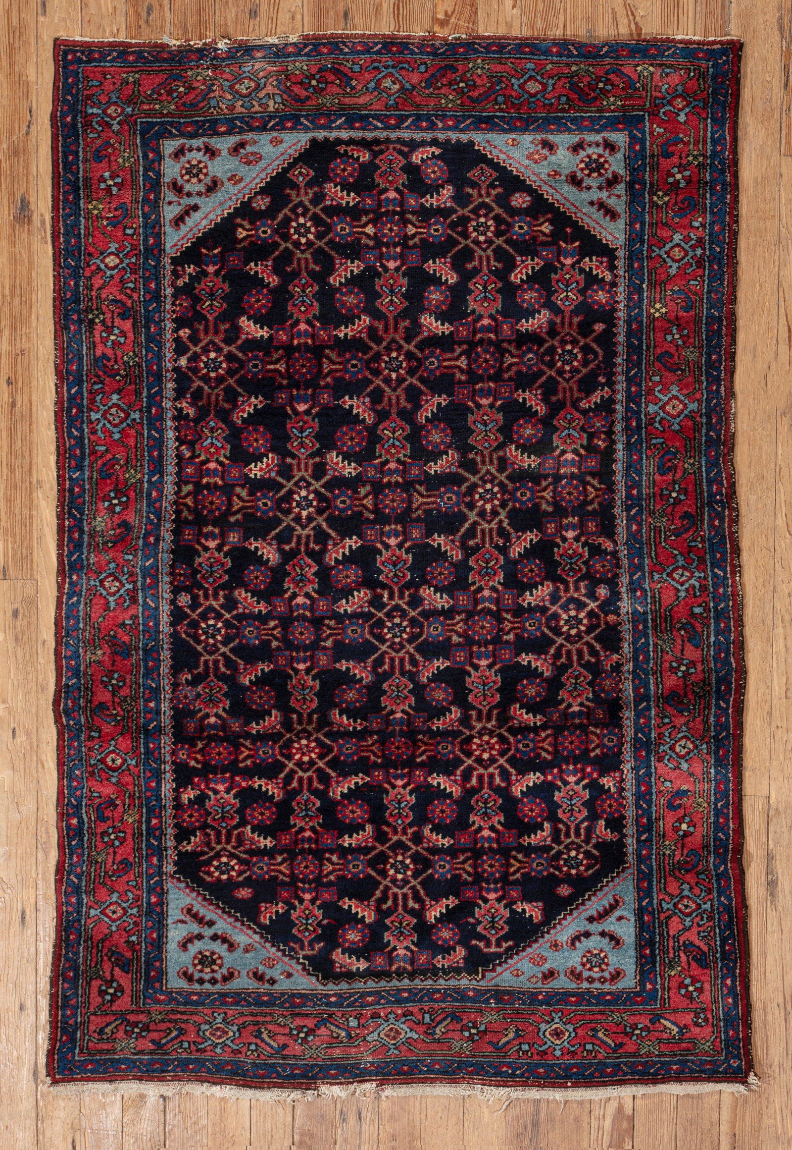 Malayer Rug: Malayer Rug , Northwest Persia, c. 1925, 4 ft. 5 in. x 6 ft. 7 in., nicks to ends, stain