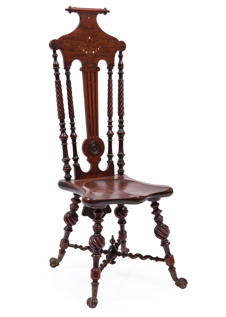 American Aesthetic Inlaid Mahogany Hall Chair: American Aesthetic Inlaid Mahogany Hall Chair, 20th c., Attr. Merklen Brothers, New York, turned supports, fluted splat, saddle seat, ball and claw feet.