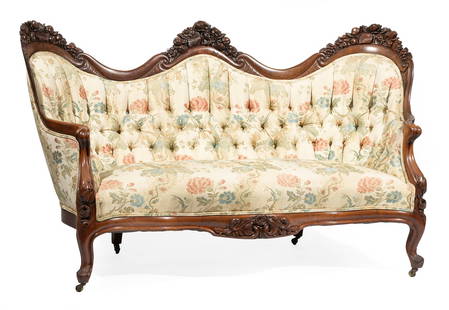 Carved, Laminated Rosewood Sofa. Attr. Belter: American Rococo Carved and Laminated Rosewood Sofa, c. 1850-1860, attr. to John Henry Belter, New York, in the pattern commonly referred to as "Rosalie", serpentine floral crest, molded arms, floral