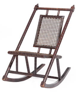 Maple, Woven Steel Rocking Chair attr Hunzinger: Modern Gothic Maple and Woven Steel Rocking Chair, mid-19th c., attr. to George Hunzinger, New York, cone finials, original wire mesh back and seat, h. 35 in., w. 19 1/2 in., d. 30 1/2 in.