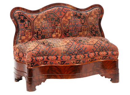 American Late Classical Mahogany Slipper Settee: American Late Classical Mahogany Slipper Settee, 19th c., serpentine crest rail, molded seat rail, bracket feet, Bokhara upholstery, h. 33 in., w. 44 in., d. 24 in.