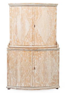 Tara Shaw Pine Demilune Corner Cabinet: Tara Shaw Pine Demilune Corner Cabinet, 20th c., molded cornice, doors with diamond panel, h. 76 1/4 in., w. 49 in., d. 25 1/4 in.