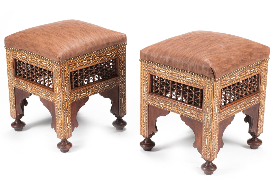 Pair of Moorish Mosaic Inlaid Hardwood Benches (1 of 3)