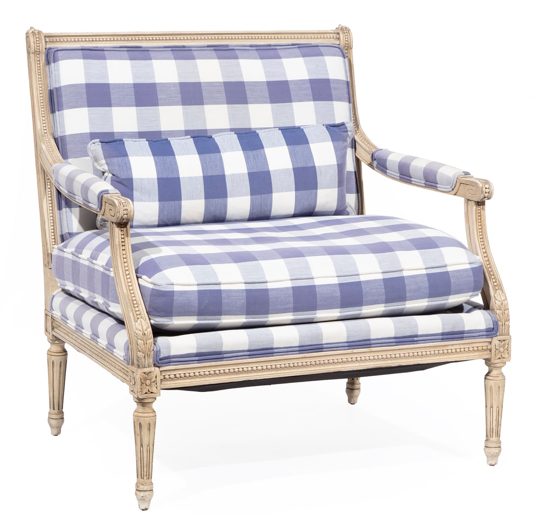 Louis XVI-Style Gilt and Creme Peinte Fauteuil: Louis XVI-Style Gilt and Creme Peinte Fauteuil, 20th c., plaid upholstery, molded crest rail, padded arms, fluted tapered legs, h. 34 in., w. 32 1/2 in., d. 28 in.