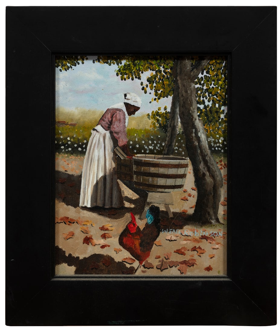 W. Earl Robinson (American/Mississippi, b. 1950): W. Earl Robinson (American/Mississippi, b. 1950), "Wash Day", oil on canvas, signed lower right, 8 1/2 in. x 6 7/8 in., framed, overall 11 5/8 in. x 10 in. x 1 in. Condition: Overall good condition.
