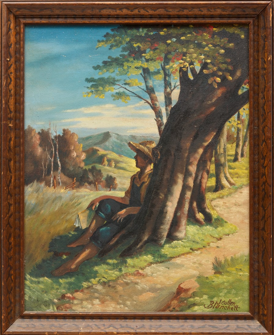 Southern School, 20th c.: Southern School, 20th c., "Boy Sitting Beside Tree", oil on canvas board, signed "J. Cullen Blanchett" lower right, 23 in. x 18 in., framed, overall 26 1/2 in. x 21 1/2 in. x 2 3/8 in. Condition: Over
