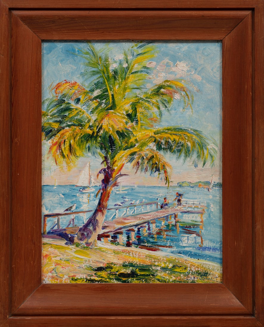 Echo Stuart (American/Florida, 1879-1969): Echo Stuart (American/Florida, 1879-1969), "Beach Scene", oil on canvas board, signed lower right, inscribed with artist en verso, 15 7/8 in. x 12 in., framed, overall 20 5/8 in. x 16 1/2 in. x 7/8 in