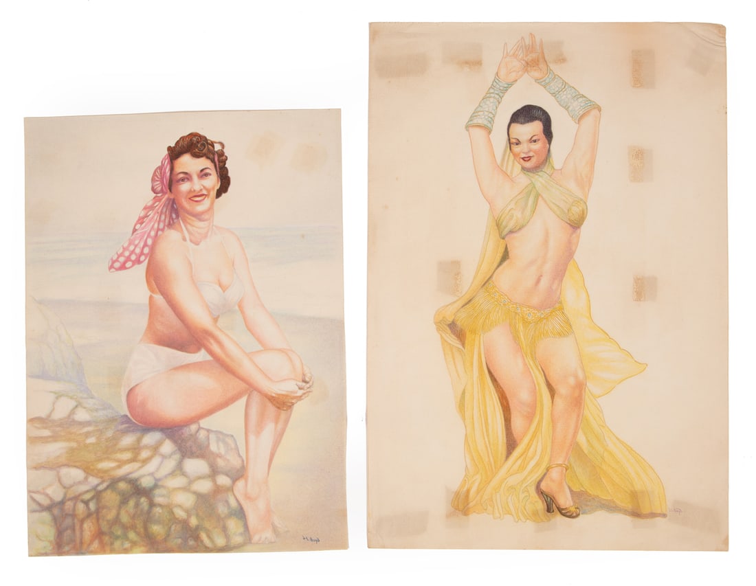 Joseph L. Boyd (American/Louisiana, 20th c.): Joseph L. Boyd (American/Louisiana, 20th c.), "Fashion Flowers", "Untitled: Fashion Sketches", "Modes-A-Way" and "Pin-Up Portraits", 8 watercolors on paper, one mixed media on paper, 8 signed lower ri