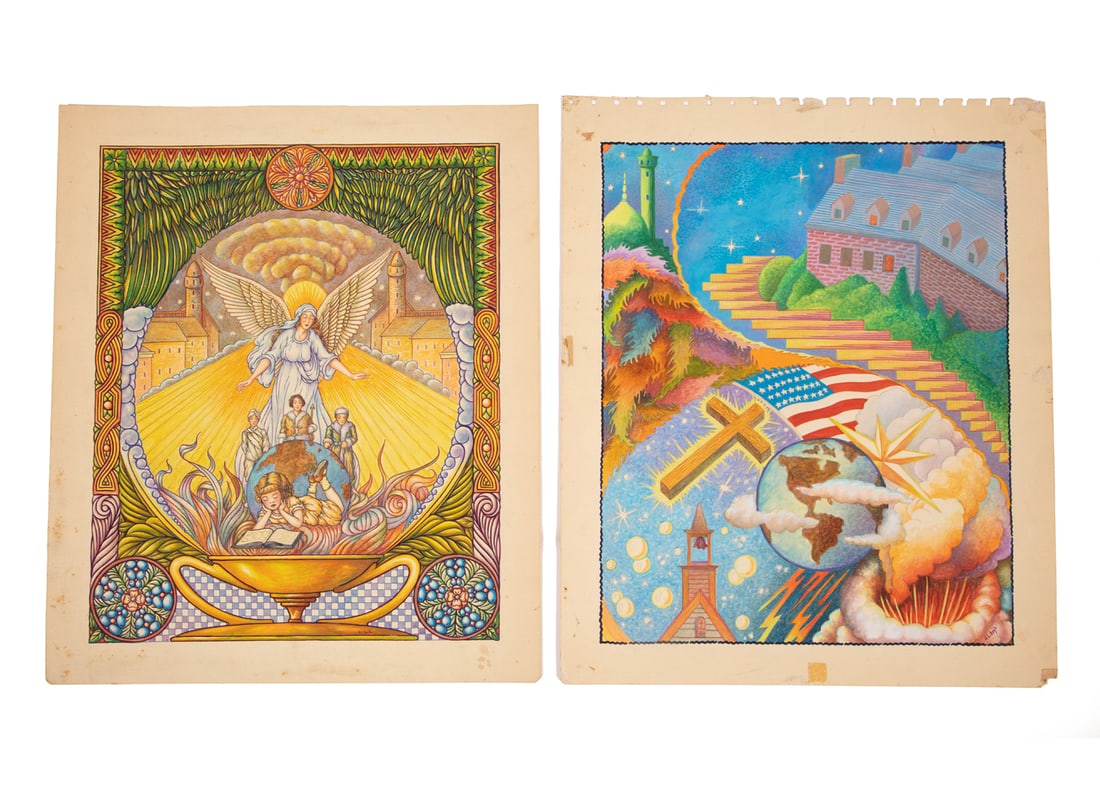 Joseph L. Boyd (American/Louisiana, 20th c.): Joseph L. Boyd (American/Louisiana, 20th c.), "The Virgin Mary", "Atomic Age", "Jesus Knocks" and "World Guardian", 4 watercolors on paper, 2 signed lower right, one signed lower center, one titled en