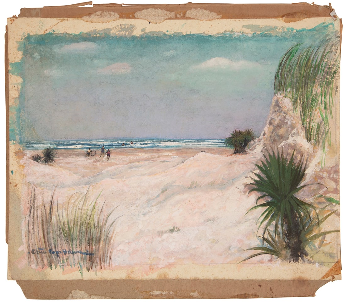 Colette Pope Heldner (American/Louisiana): Colette Pope Heldner (American/Louisiana, 1902-1990), "Playing at the Beach", watercolor and oil on paper laid on board, signed lower left, 11 3/8 in. x 14 3/8 in., unframed. Condition: Overall poor c