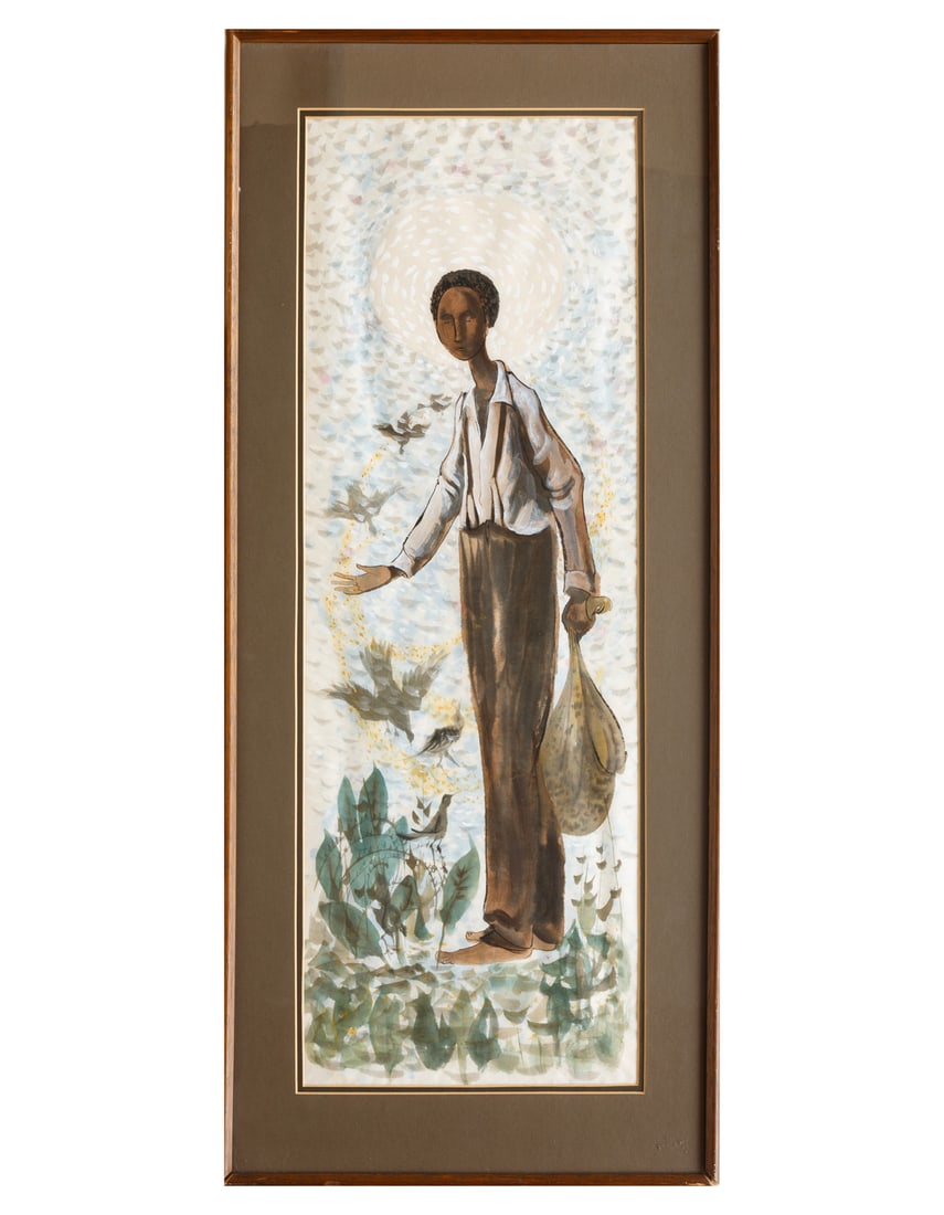 Don Cincone (American/Louisiana, b. 1937): Don Cincone (American/Louisiana, b. 1937), "The Preacher", 1971, watercolor on paper, signed and dated lower center, titled and handwritten label with title on backing board, 34 1/4 in. x 12 1/2 in.,