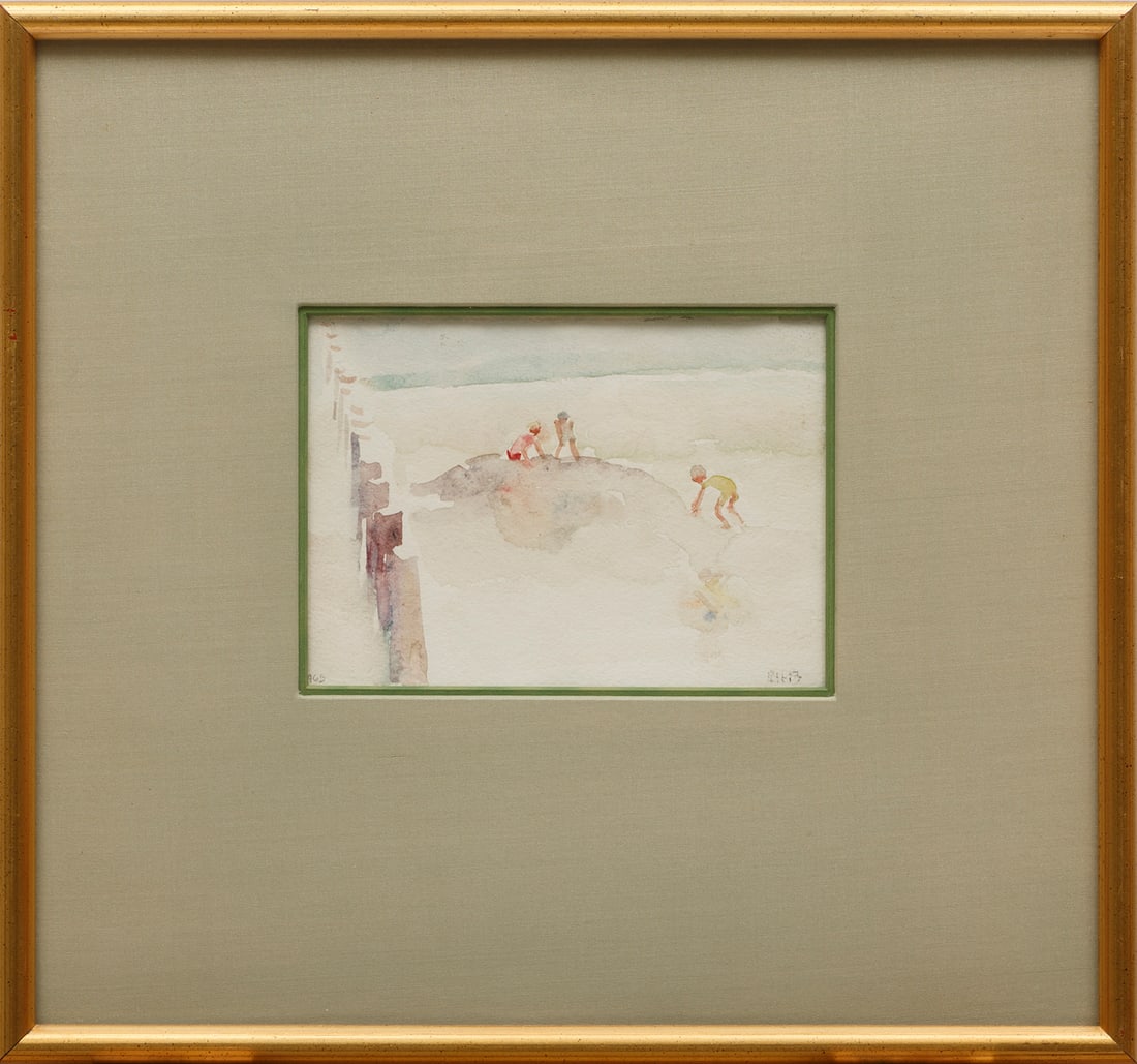 Ruth Harris Bohan (American/Missouri, 1891-1981): Ruth Harris Bohan (American/Missouri, 1891-1981), "Children on the Beach", watercolor on paper, signed lower right, label with artist and title on backing paper, 7 in. x 9 in., framed, overall 13 1/2 