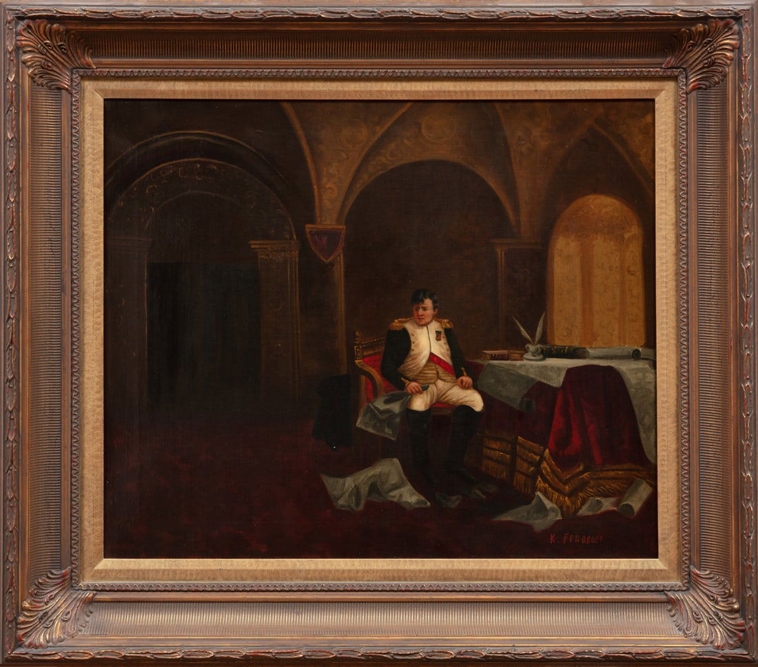 Continental School, 19th c: Continental School, 19th c., "Napoleon III", oil on canvas, signed "K. Fedoroff" lower right, "Jerry Ward, Artist, Shelbyville, TN" restoration label with title on reverse of frame, 20 in. x 24 1/4 in
