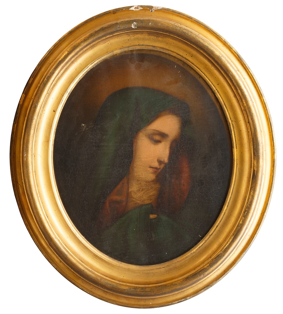 Continental School, 19th c: Continental School, 19th c., "Mary, Mother of Christ" and "Christ with Crown of Thorns", 2 oils on canvas laid on panel, each unsigned, each 12 in. x 10 in., framed alike, each overall, 16 in. x 14 in