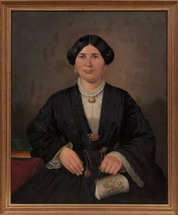 French School, 19th c: French School, 19th c., "Portrait of Lady with Handbag", oil on canvas, unsigned, partial label on stretcher, 36 in. x 29 in., framed, overall 39 1/4 in. x 32 1/2 in. x 2 in. Condition: Overall poor c