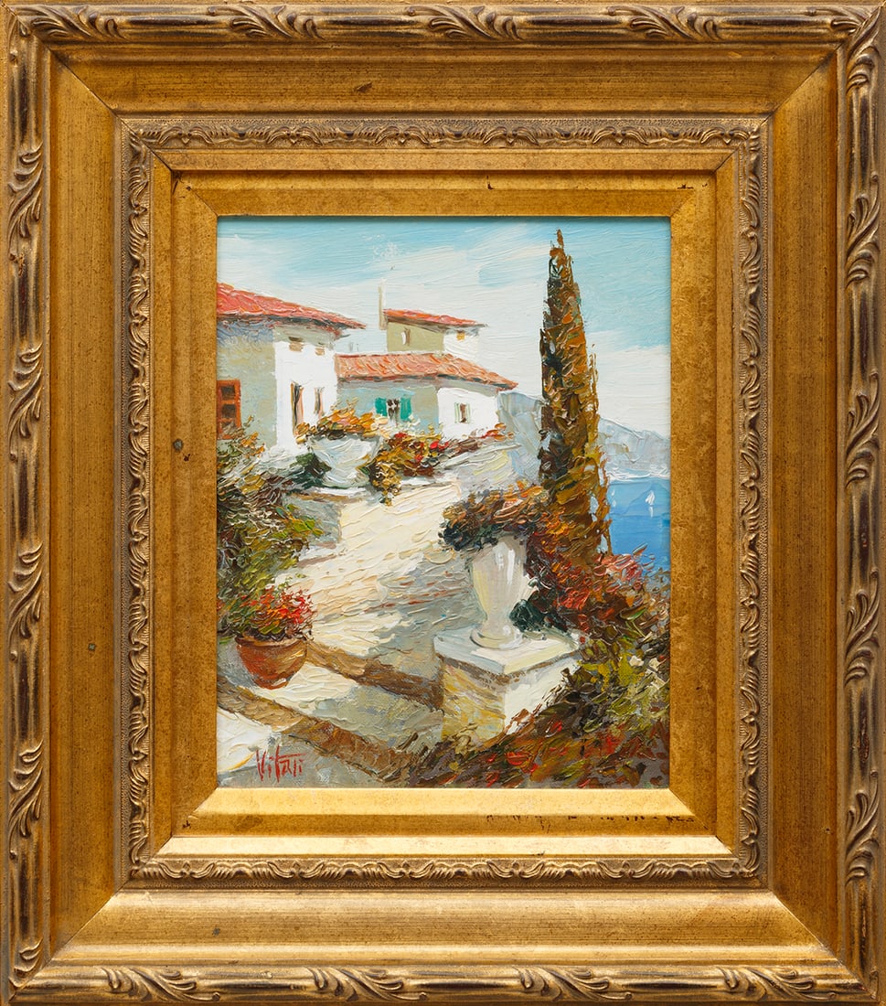 Vitali Bondarenko (Ukrainian, b. 1968): Vitali Bondarenko (Ukrainian, b. 1968), "Coastal Villa", oil on canvas, signed lower left, 10 in. x 8 in., framed, overall 16 3/4 in. x 14 3/4 in. x 2 in. Condition: Overall good condition.