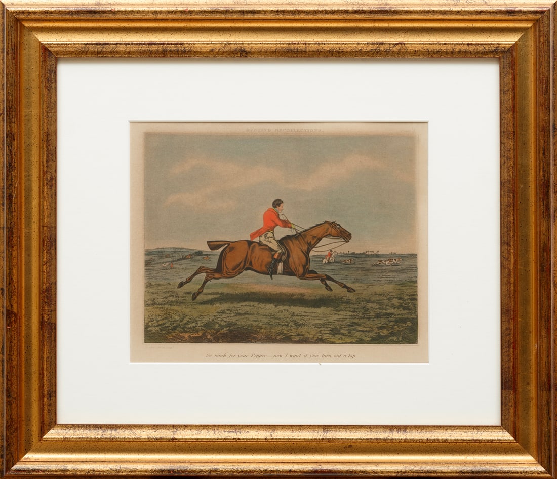 Henry Thomas Alken (British, 1785-2851): Henry Thomas Alken (British, 1785-2851), "So Much for Your Pepper", 1829, engraving on paper laid on board, from Hunting Recollections, 8 in. x 10 5/8 in., framed, overall 19 1/4 in. x 22 1/4 in. x 1