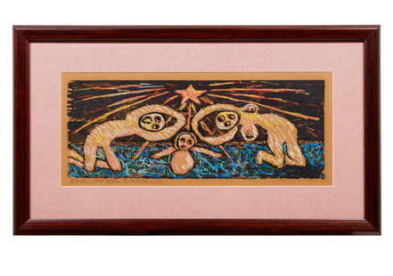 Mark Bercier (American/Louisiana, b. 1950): Mark Bercier (American/Louisiana, b. 1950), "Christmas", hand-enhanced woodblock print, signed, titled, numbered "12/78" and inscribed lower margin, 7 1/2 in. x 19 1/4 in., framed, overall 15 3/4 in.