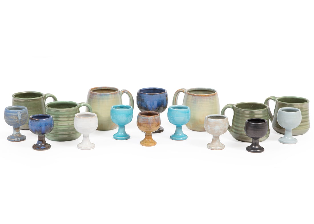 Six Shearwater Art Pottery Mugs: Six Shearwater Art Pottery Mugs ; together with nine egg cups and another cup, tallest h. 4 in.