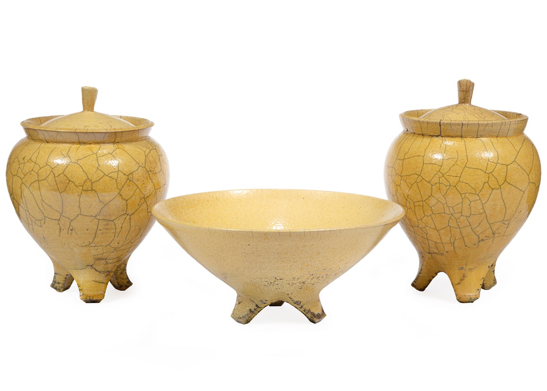 Three Pieces Yellow Raku Art Pottery (1 of 3)